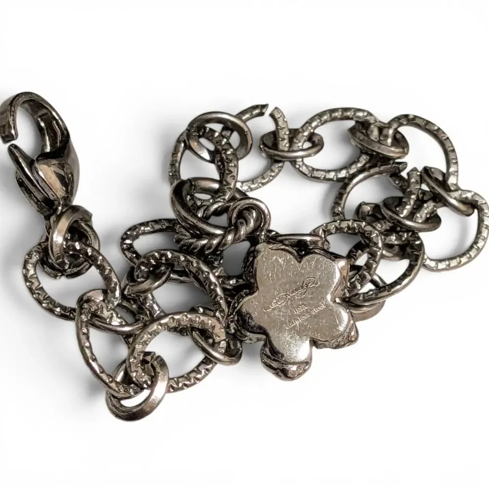 ED HARDY Rose Charm Bracelet on Stainless Steel O Link Chain